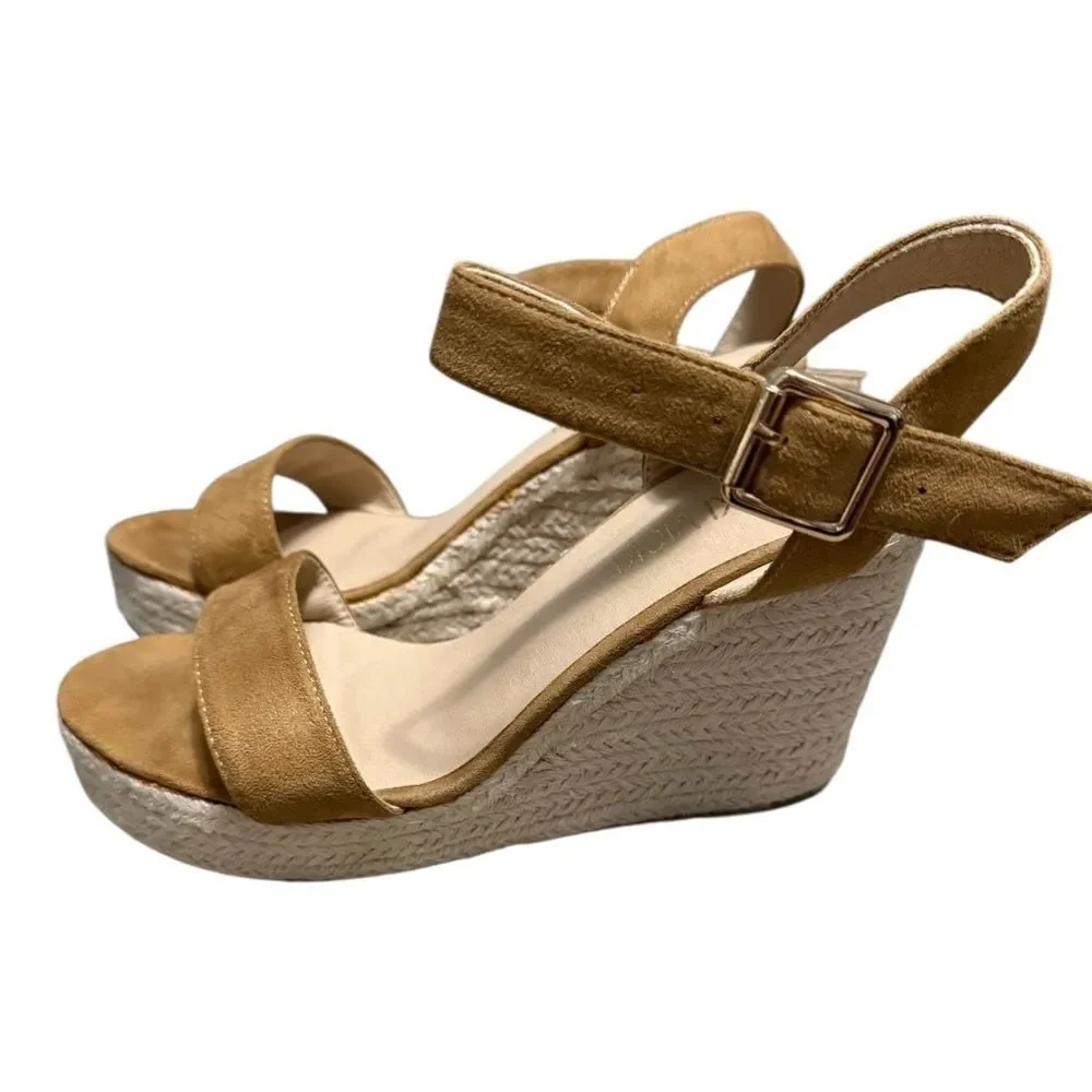 VICKI-VICKI Tan Camel Suede Espadrille Wedge Sandals Size 8 Platform Heel